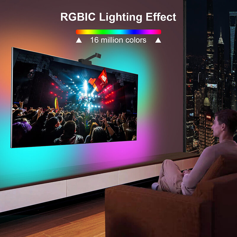 Bande de rétroéclairage LED RGBIC pour téléviseur 55-65 pouces, wi-fi, contrôle via application, avec caméra, synchronisation de musique, multicolore, Kits PC