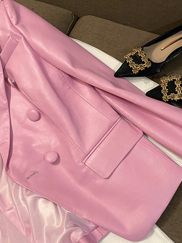 Lauraro Blazer Kulit Pu Lembut Merah Muda Pendek Bergaya Musim Semi Jaket Mewah Slim Fit Lengan Panjang untuk Wanita 2022 Fashion Elegan 5xl