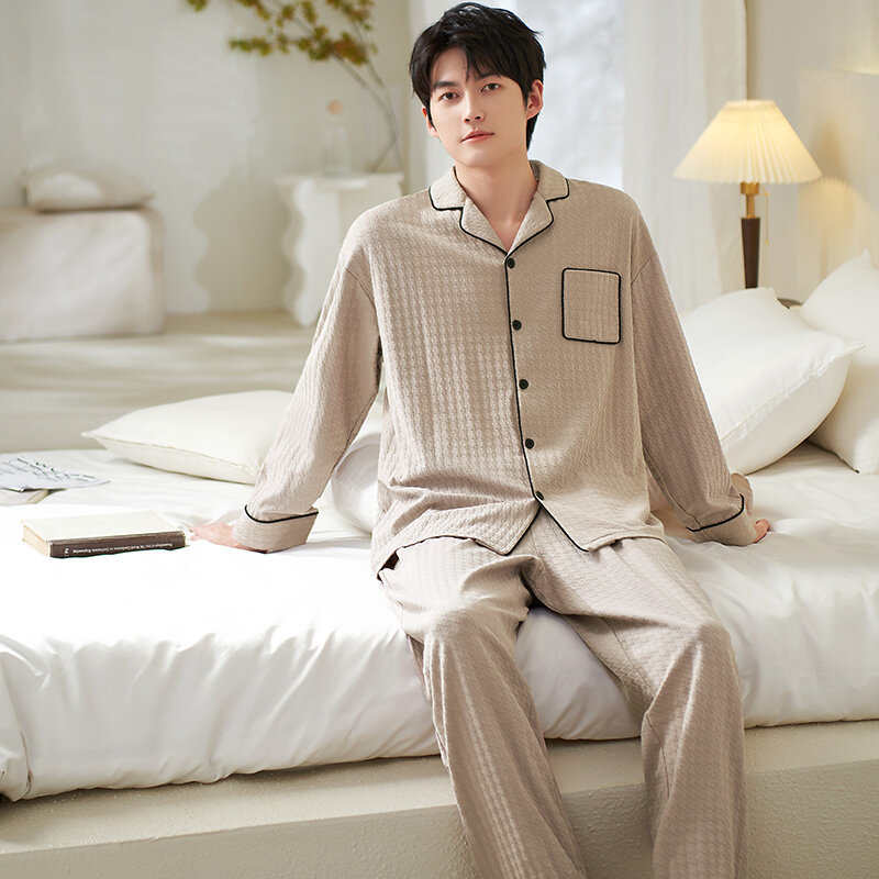 Man Pajamas Sets Spring Autumn Long Sleeve Soft Cotton Pyjamas Cardigan Home Clothing Male Jacquard Weave Loose Casual Sleepwear