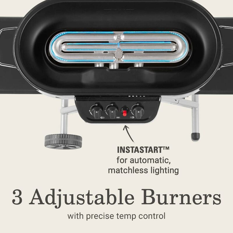 RoadTrip 285 Portable Stand-Up Propane Grill, Gas Grill with 3 Adjustable Burners & Instastart Push-Button Ignition; Great