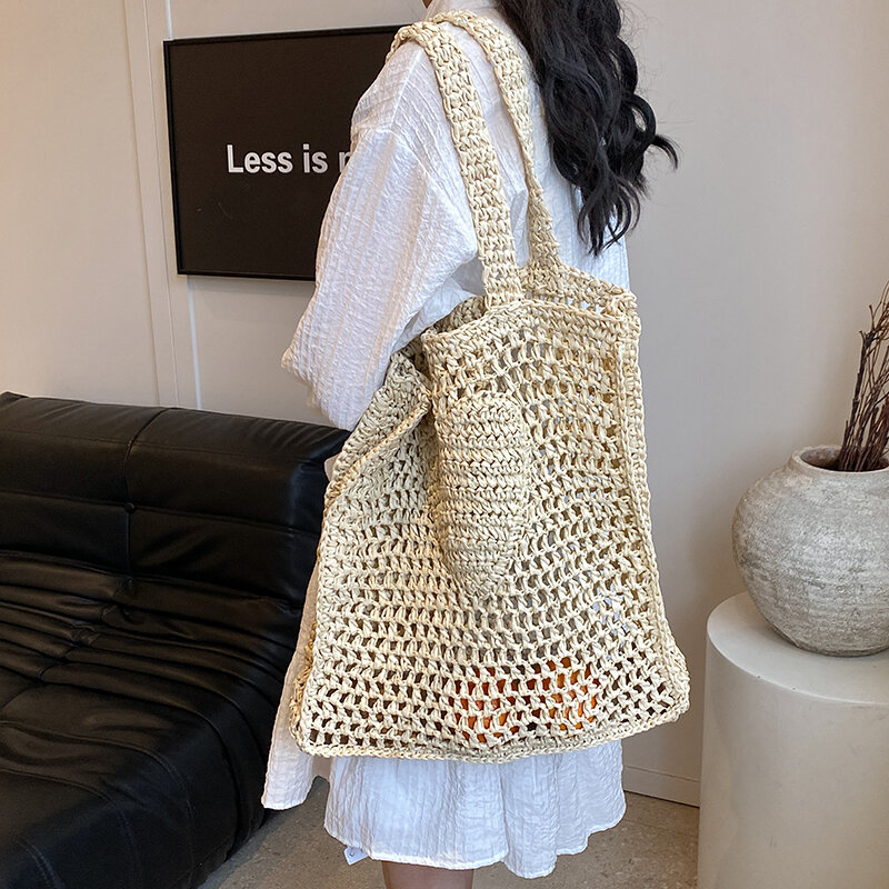 女性のための透かし彫りのストローバッグ,手作りのビーチバッグ,韓国のファッション,籐のハンドバッグ,旅行のショルダーバッグ,夏,2024