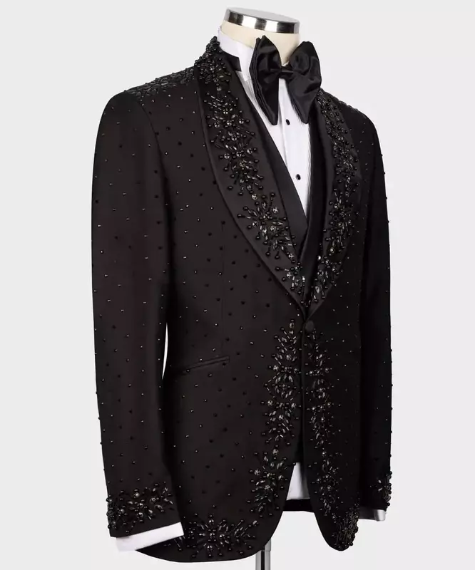 Conjunto de trajes de 2 piezas con cristales negros para hombre, chaqueta de lujo hecha a medida, esmoquin Formal para novio, boda, oficina, fiesta de graduación, abrigo