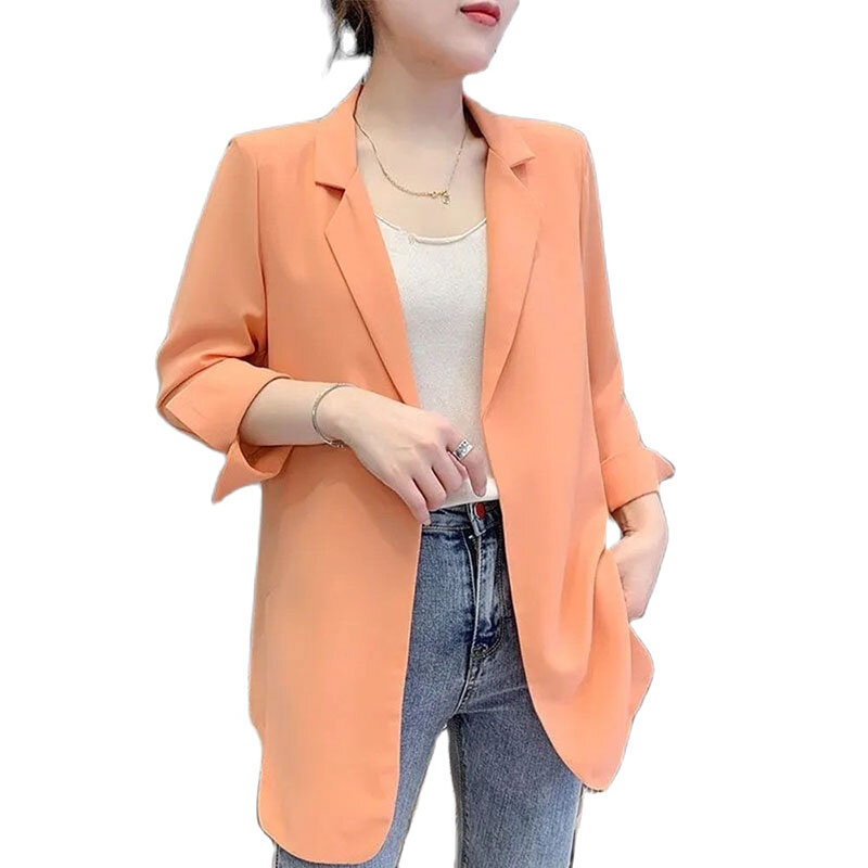 Blazer wanita musim panas versi Korea tipis, baju pelindung matahari sifon panjang menengah longgar pakaian luar lengan tiga perempat