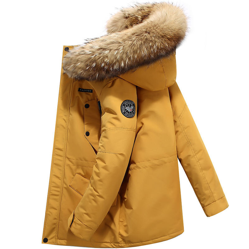 Мужская зимняя куртка на утином пуху, длинный пуховик с капюшоном и меховым воротником, высококачественные мужские уличные ветрозащитные Теплые повседневные зимние куртки