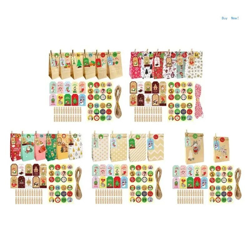 24 Pcs Christmas Gift Bags and Gift Wrap Sticker Tags, Party Treat Bags Candy Bag Set Christmas Party Favor Supplies