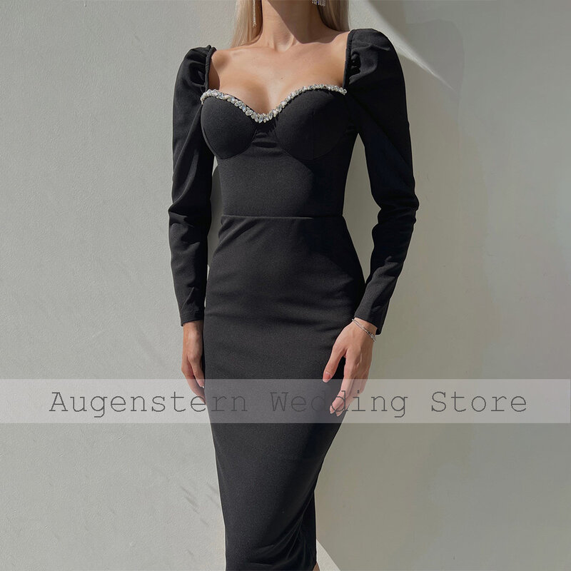 Маленькое черное платье с длинными рукавами, украшенное кристаллами, до колена, женское платье-футляр/платье-колонна из спандекса, короткое коктейльное платье