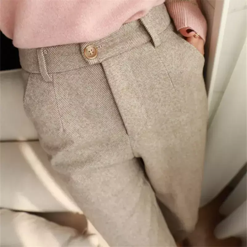 Calça lápis de lã feminina, terno casual de cintura alta, calça senhora do escritório, ao ar livre, outono, inverno, 2023