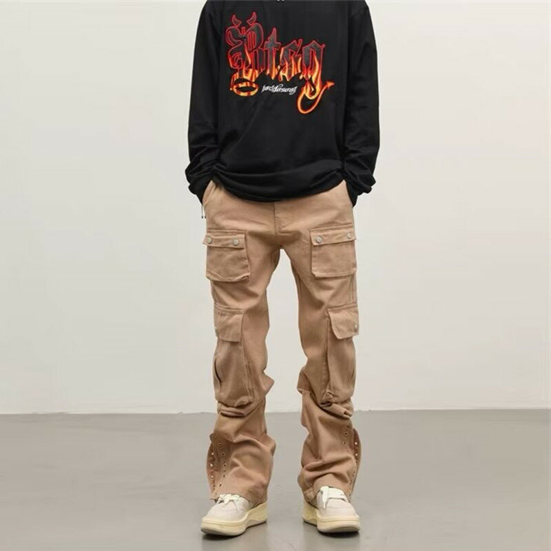2024 Vibe Y2k Mode Kanye Khaki Streetwear Cargo Jeans Hosen Männer Kleidung Multi Taschen gerade Hip Hop New Rock Ropa Hombre