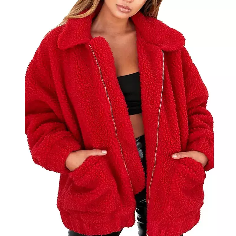 Casacos de lã de cordeiro feminino, casacos casuais, casacos soltos, sobretudo feminino, quente, macio, zíper, monocromático, outono, inverno, 2021