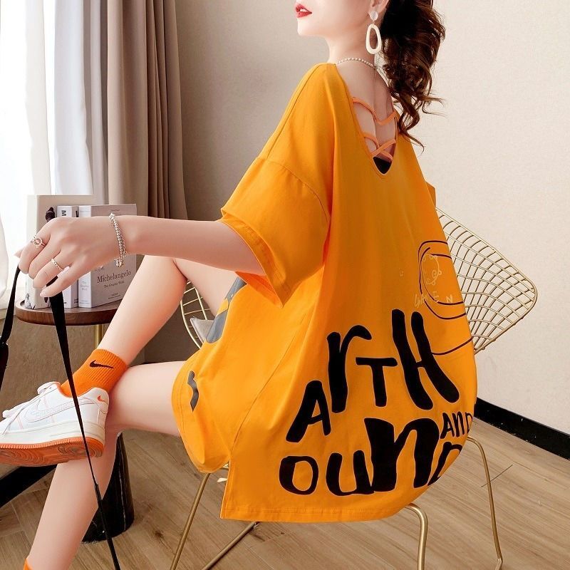 Camiseta con estampado de letras para mujer, ropa de calle con espalda descubierta holgada, jerséis informales coreanos con cuello en V, 2024