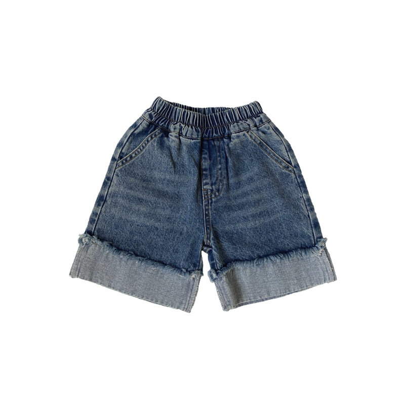 Korean version summer children vintage old denim shorts men's and women's treasure raw edge denim 5 point medium pants 80-130cm