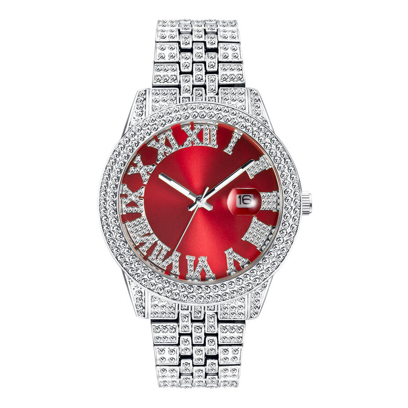Hip Hop-reloj de cuarzo con diamantes de imitación para hombre, cronógrafo de lujo, esfera rosa, escala romana, resistente al agua, con fecha, envío directo