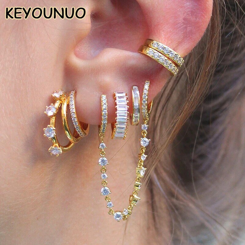 KEYOUNUO Gold Filled Stud Earrings Set For Women Ear Cuffs Colorful Zircon Dangle Hoop Earrings Fashion Party Jewelry Wholesale