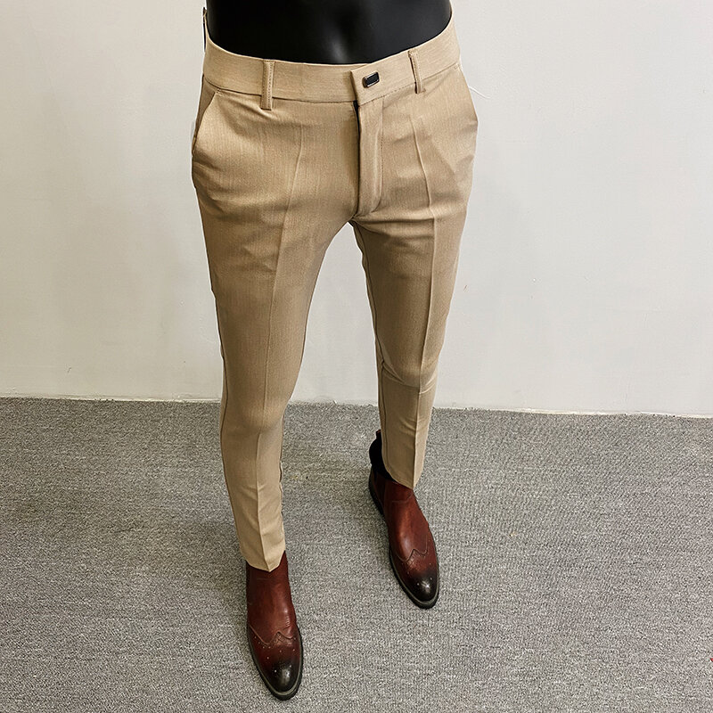 Męskie spodnie garniturowe elegancka, biznesowa elastyczne Slim Fit formalne spodnie wysokiej jakości jednokolorowe spodnie na co dzień odzież męska