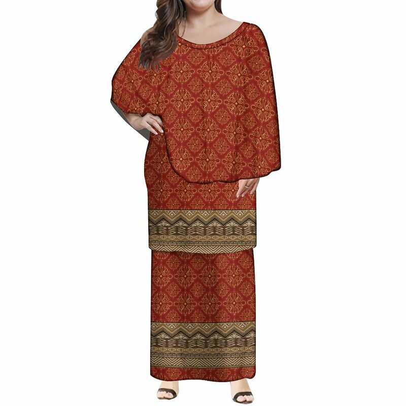 Gaun panjang wanita polinesian gaya baru Puletasi Samoan rok atas Ruffle berlapis ukuran Plus Gaun Set 2 potong