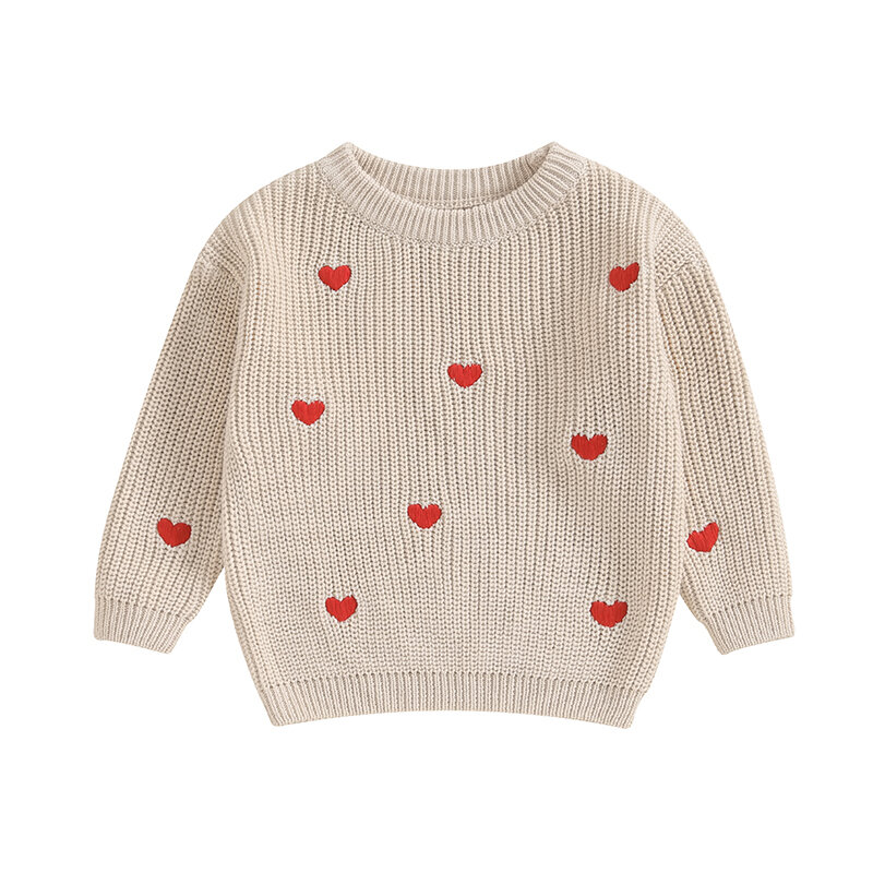 Свитера для маленьких девочек, наряд на День святого Валентина, милый свитер с длинным рукавом и сердечками, футболка, топы с круглым вырезом, весенняя одежда