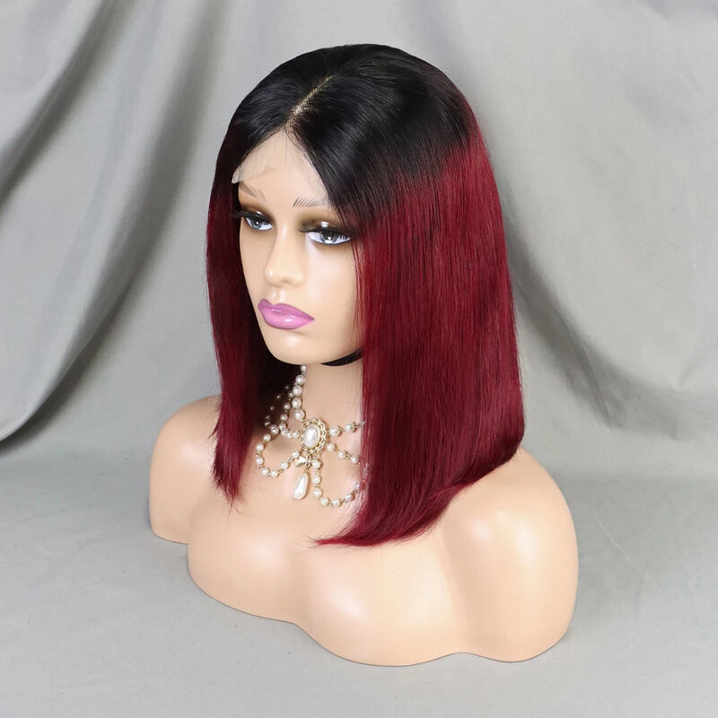 Pelucas de cabello humano Remy para mujeres negras, pelo liso transparente con cierre de encaje, corte Bob corto, Color 1TB99J, 4x4