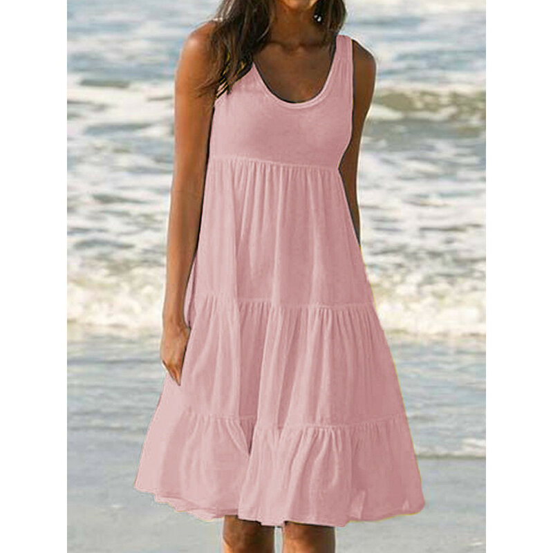 Женское пляжное платье в стиле бохо, летнее однотонное свободное пляжное платье на бретелях-спагетти для отпуска, Женская хлопковая футболка, сарафан на бретелях