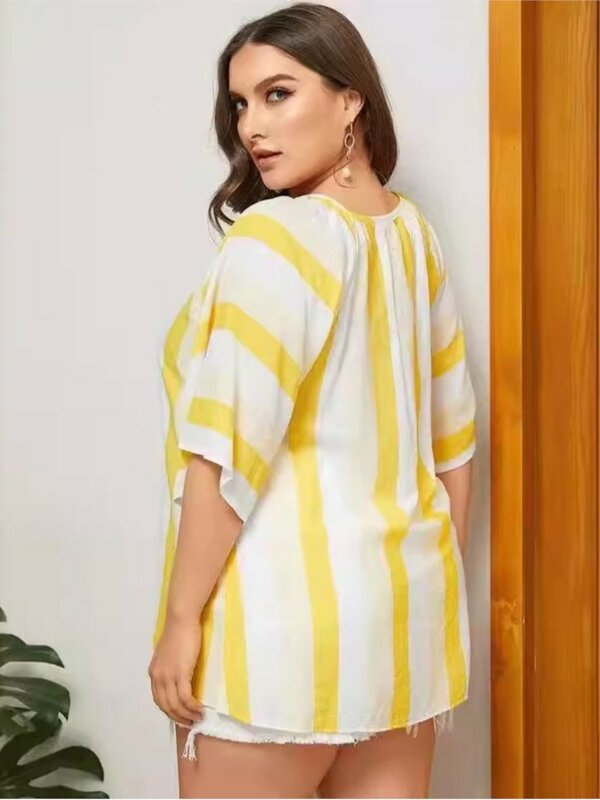 Plus Size Striped Print Pullover Sommer Fransen Tops Frauen Casual Fashion lose plissierte Damen Blusen Kurzarm Frau Tops