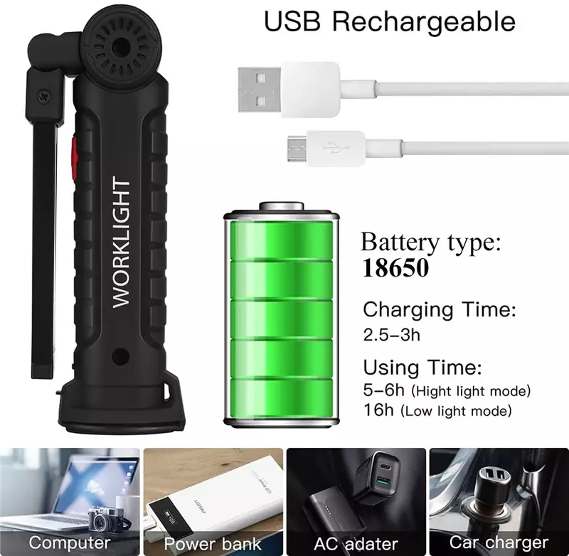 Nuova torcia a LED COB luce da lavoro magnetica USB ricaricabile torcia gancio lanterna portatile luce di ispezione lampada da campeggio per riparazione auto