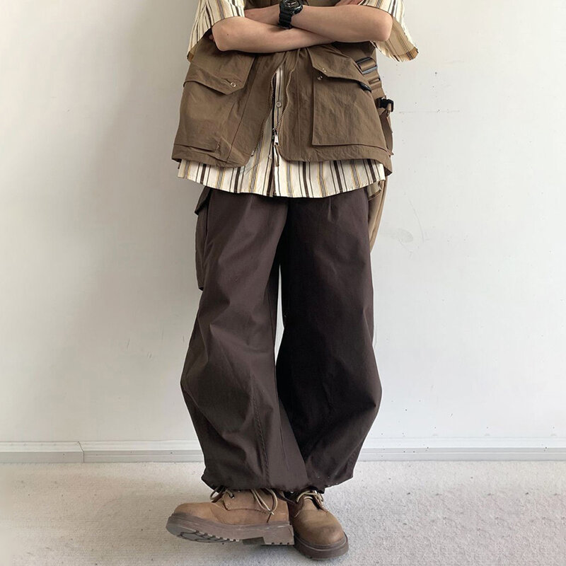 Pantalones de pierna ancha para hombre, ropa de trabajo holgada, estilo Retro japonés, versátil, informal, de calle, Color sólido, con múltiples bolsillos, otoño
