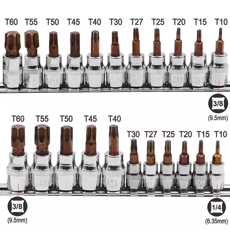Torx 스크루드라이버 비트 3/8 드라이브 소켓 세트, 1/4 인치 렌치 소켓 어댑터, T10, T15, T20, T25, T27, T30, T40, T45, T50, T55, T60, 11 개