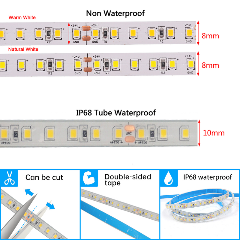 Tira de luces LED de neón, cinta Flexible de diodo, blanco frío Natural cálido, IP68, resistente al agua, 12V, 24V, 5M, SMD2835, 120LED/m
