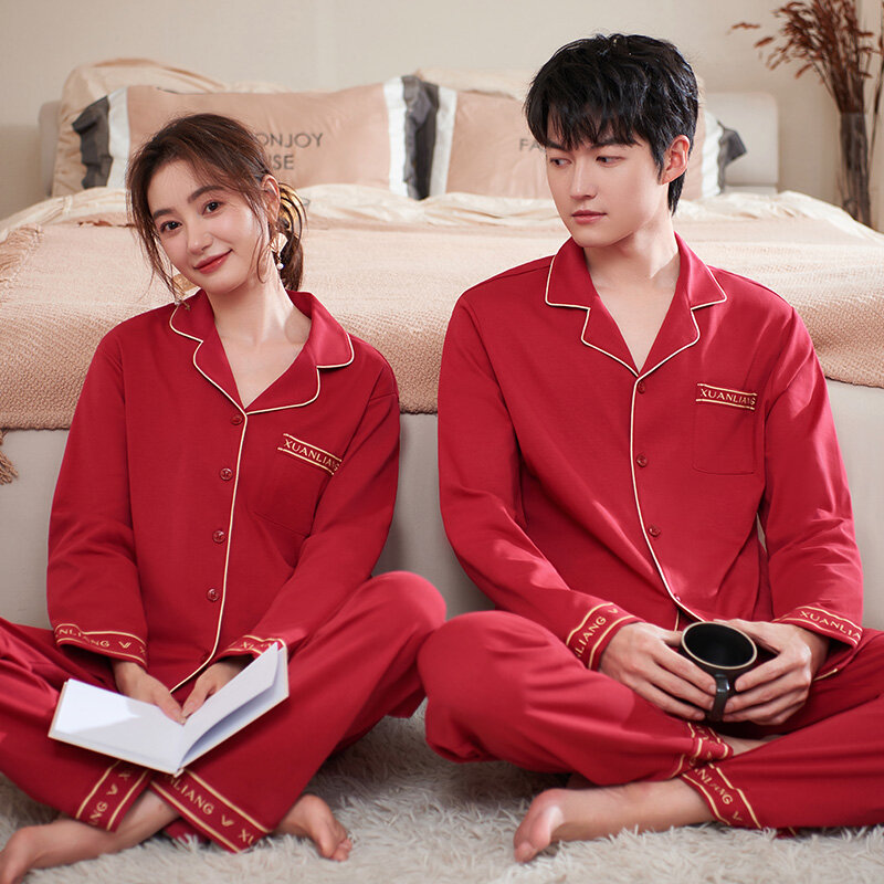 Conjunto de pijama solto de manga comprida masculino e feminino, camisolas de casal, óculos de casa vermelhos, algodão completo, casamento, outono