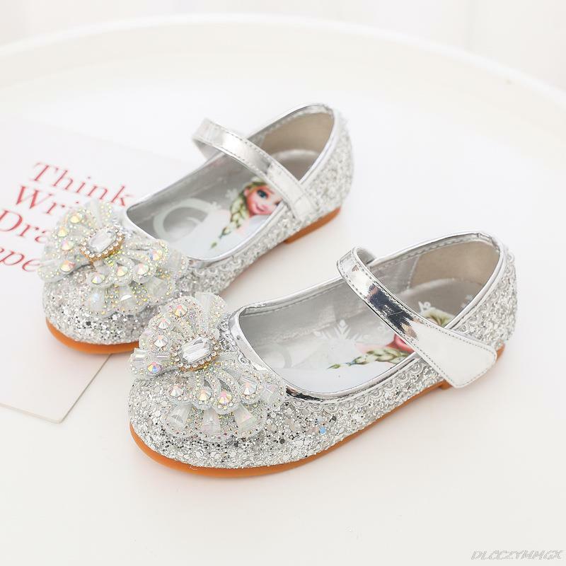 Disney Cartoon Elsa Soft Bottom Baby Shoes Girl Princess Shoes Frozen Crystal Shoes Children Flat Flower Girl Leather Shoes
