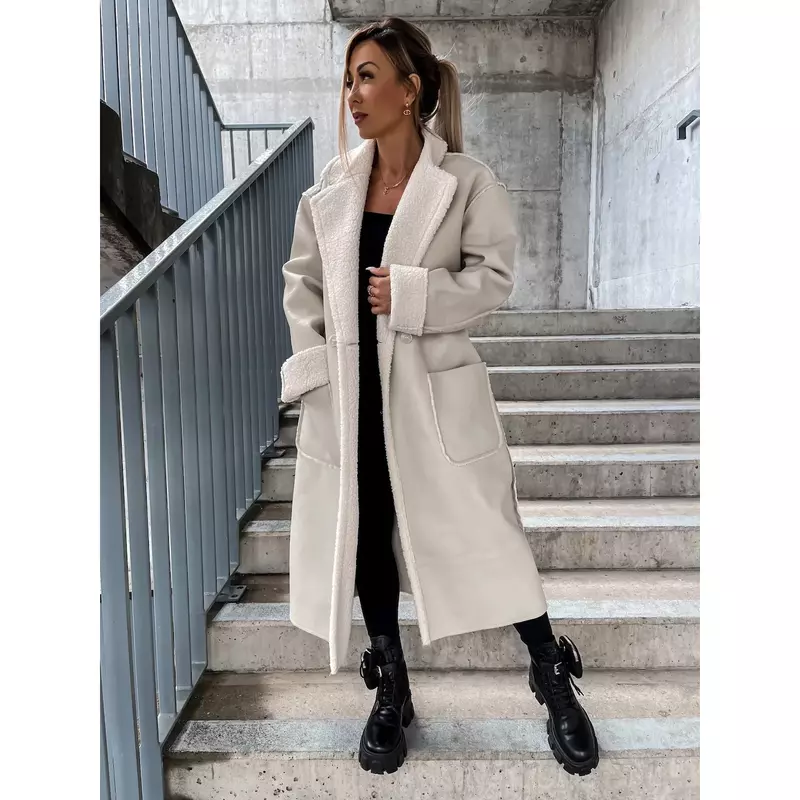 Faux Leather Panelled Turndown Collar Overcoat Women 2022 Warm Long Sleeve Loose Female Coats Office Lady Elegant Pocket Coat
