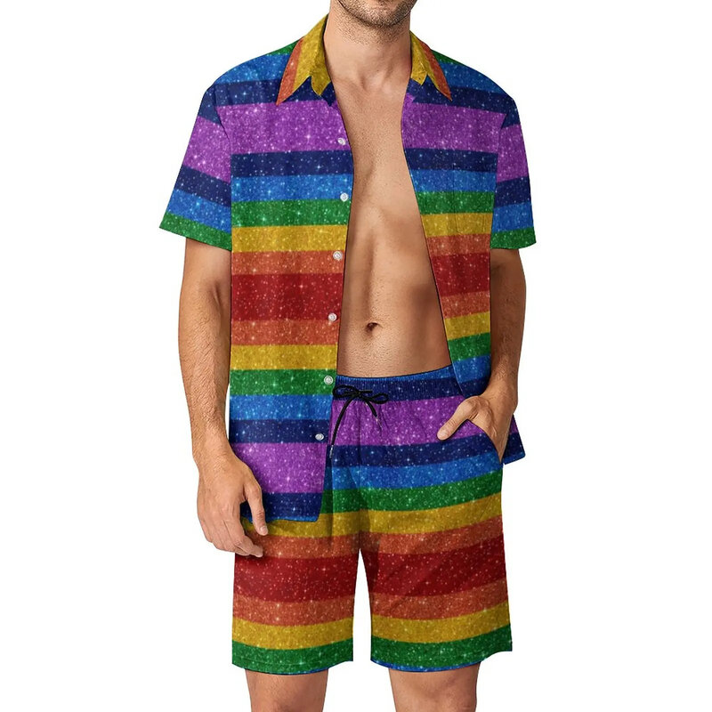 Conjuntos de camisas de arco-íris estampados em 3D, camisas de mangas curtas, calções de praia extragrandes, ternos de streetwear havaianos, moda casual