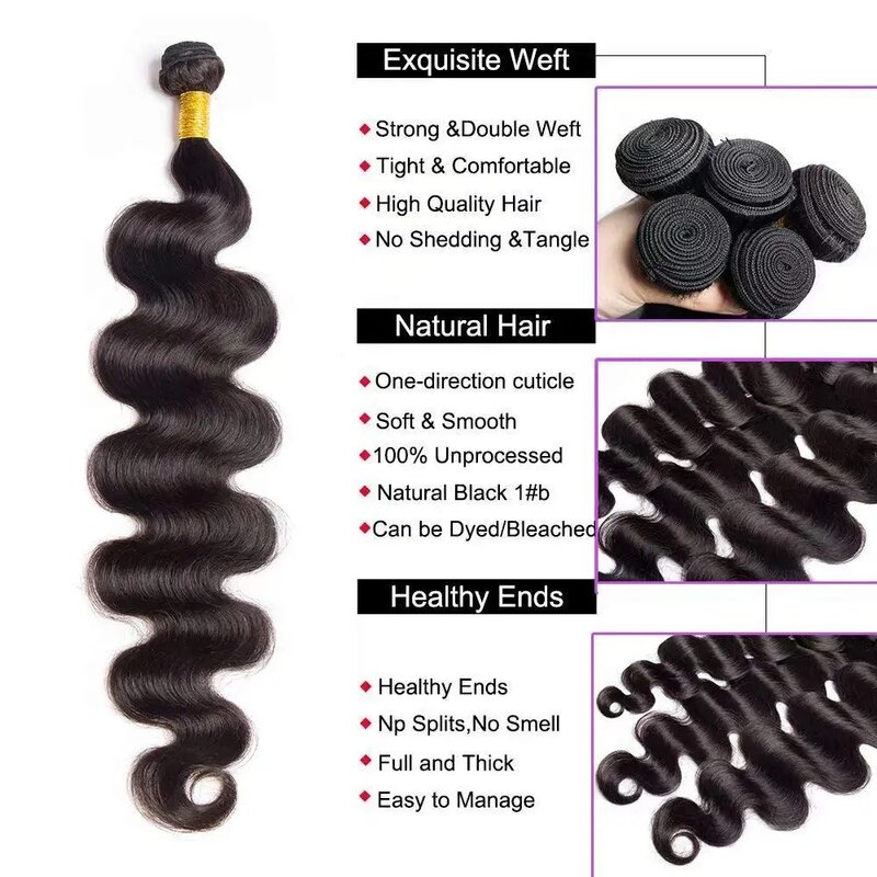 Pacotes brasileiros do cabelo humano da onda do corpo, cor preta natural, extensões de Remy para mulheres negras, 28 dentro, 30 dentro, 1 PC, 1 PC, 3 PCes
