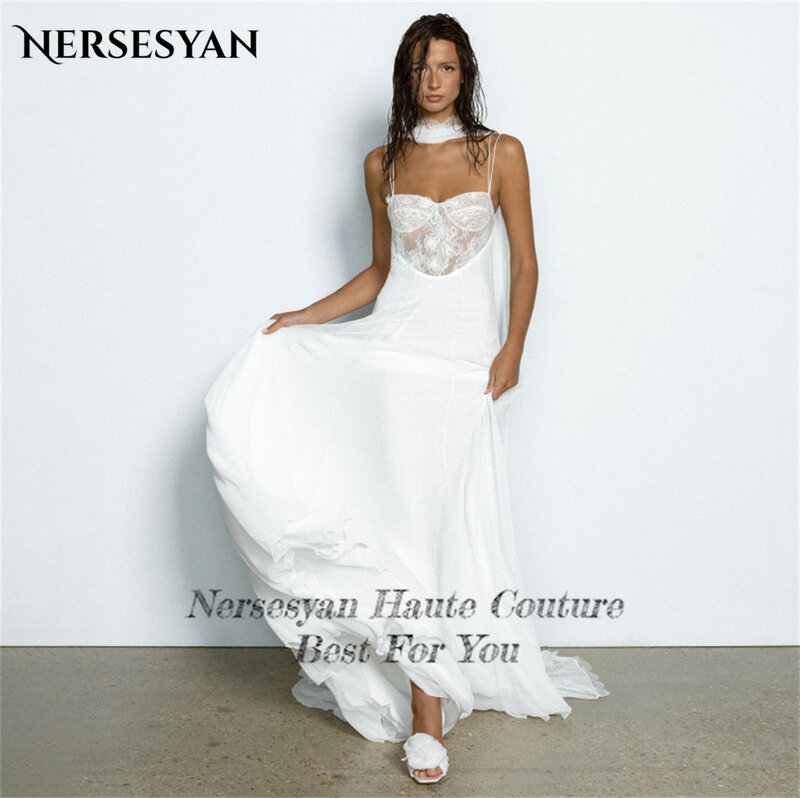 Nersesyan 보헤미아 레이스 웨딩 드레스, A 라인 스파그티 스트랩, 민소매 신부 가운, 백리스 아플리케, 신부 원피스 맞춤형