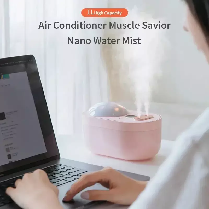 Humidifier semprotan ganda dengan lampu bintang Proyektor, penyebar embun dingin USB untuk bayi mati otomatis pemurni udara merah muda
