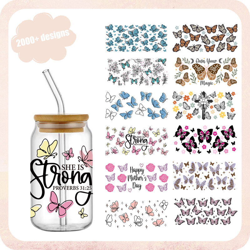 16Oz Uv Dtf Cup Wraps Stickers Kleurrijke Vlinders Perfect Voor Diy Ambachten En Geschenken Glas Kan
