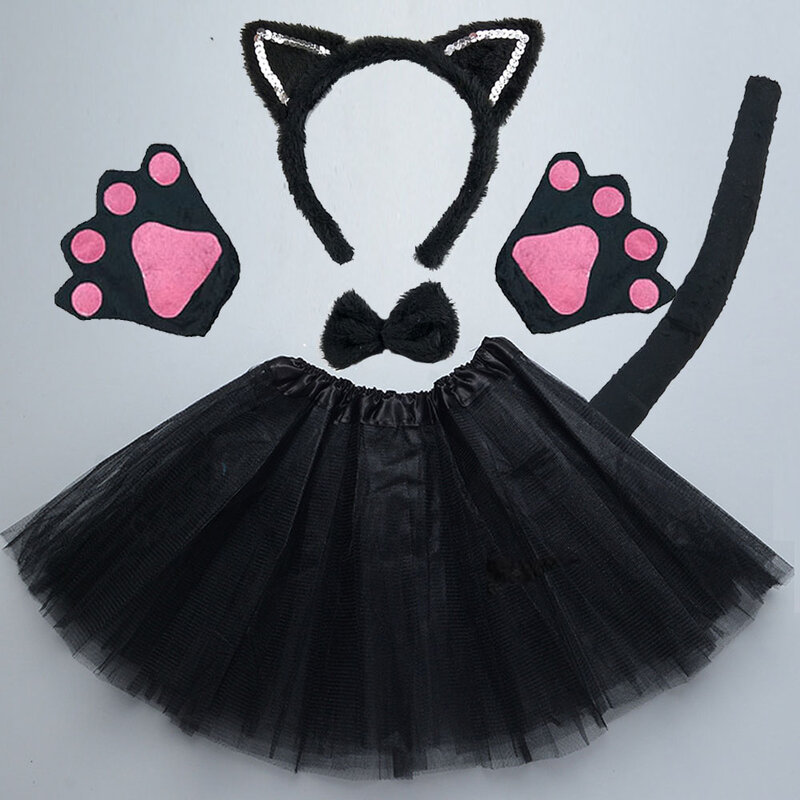 어린이 파티 블랙 화이트 고양이 귀 머리띠, 머리띠 장갑, 무대 댄스 의상 세트, 할로윈 코스튬 코스프레