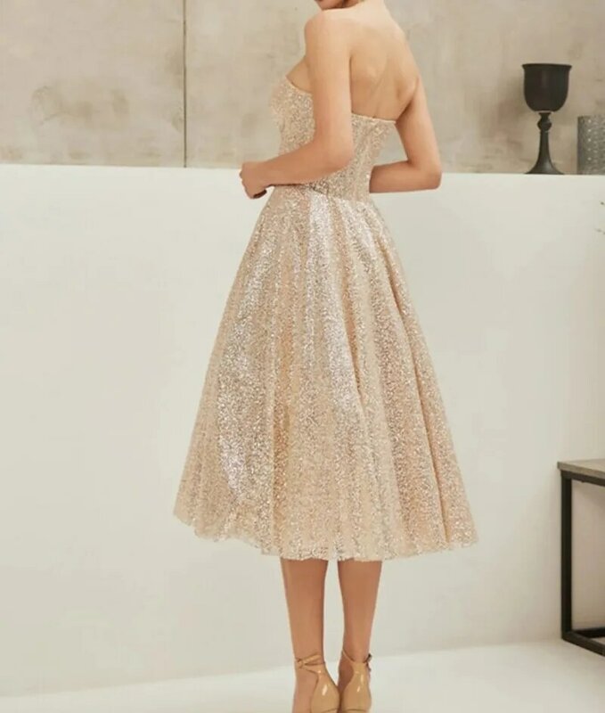 Champagne Gold Short Prom Birthday Dresses Strapless A-line Knee Length Sequin Party Gowns Vestidos Longo Robe De Soiree
