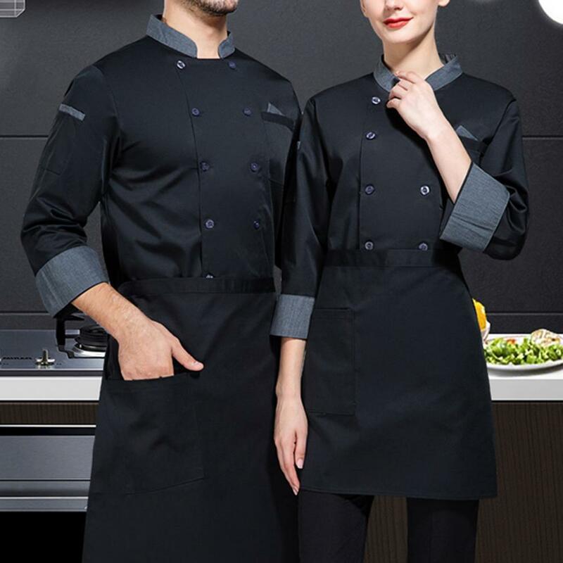 Seragam koki restoran nyaman, jaket koki profesional kancing dua baris dengan desain saku kerah berdiri lengan panjang untuk restoran