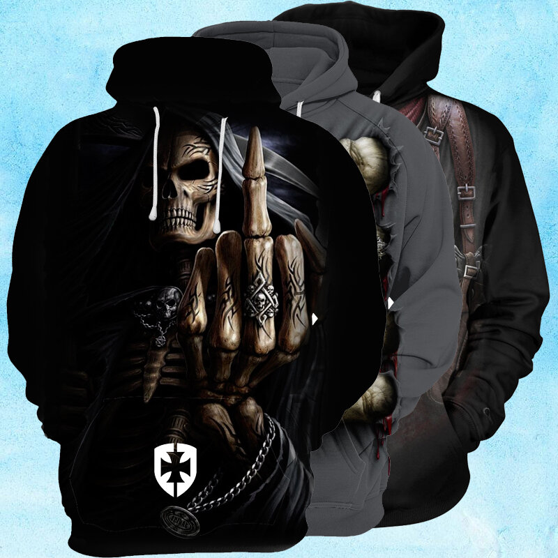 Spring and Autumn New Style Non plush Sweater 3D Skull Print Pullover Men's Long Sleeve Hoodie Street Fashion