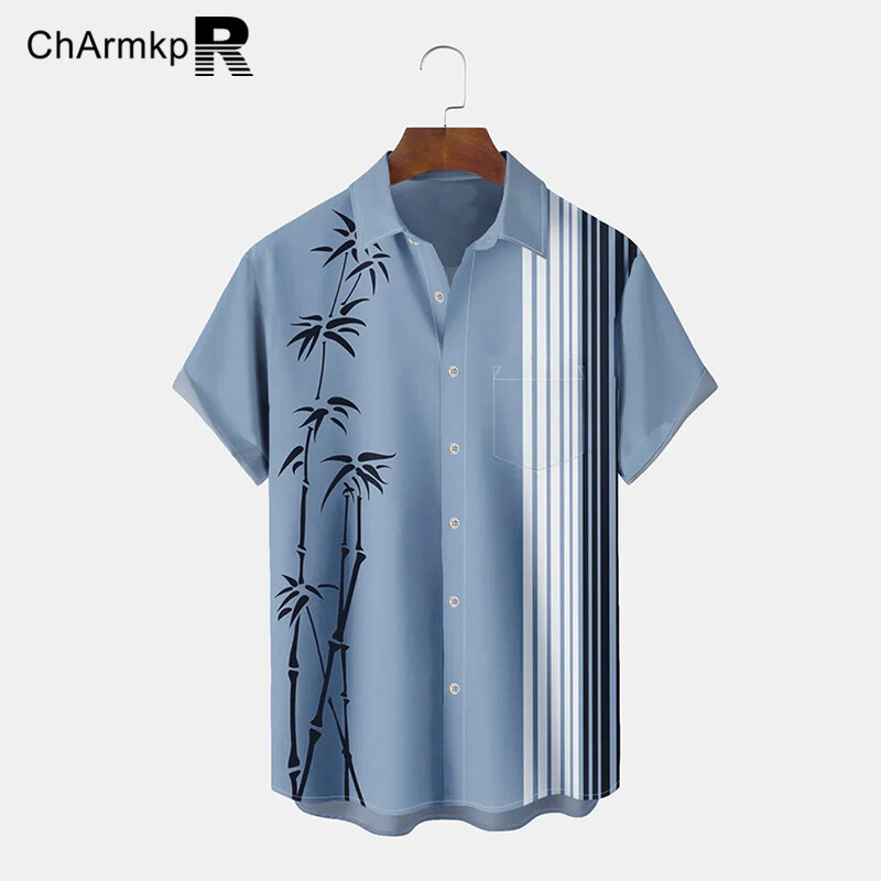 Charmkpr-قميص بأكمام قصيرة للرجال ، قميص مطبوع مخطط ، طية صدر السترة ، ملابس غير رسمية ، ملابس الشارع ، المقاس ، الصيف ،