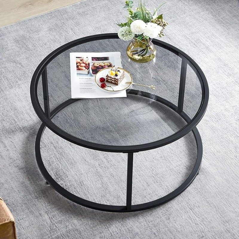 Saygoo-小さなスペースのための丸いガラスのコーヒーテーブル、ホームオフィス用のシンプルなモダンなセンターテーブル、金属製のフレーム、2023