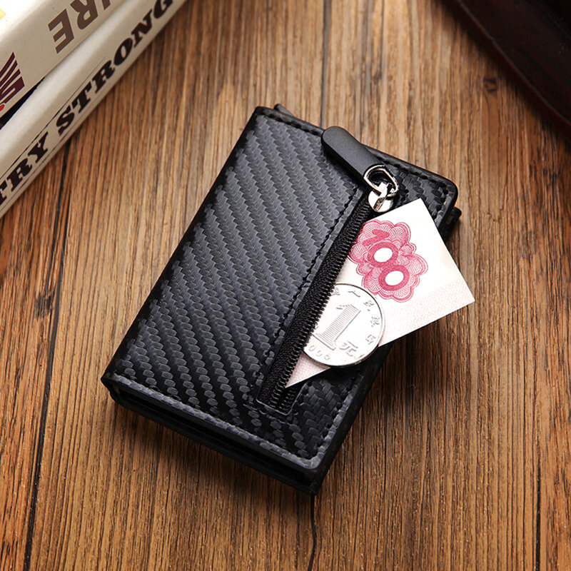 Rfid Carbon futerał na karty z włókna męskie portfele worki na pieniądze wąski cienki Metal skórzany Mini portfel 2022 męska torebka czarna Walet dla mężczyzn nowość