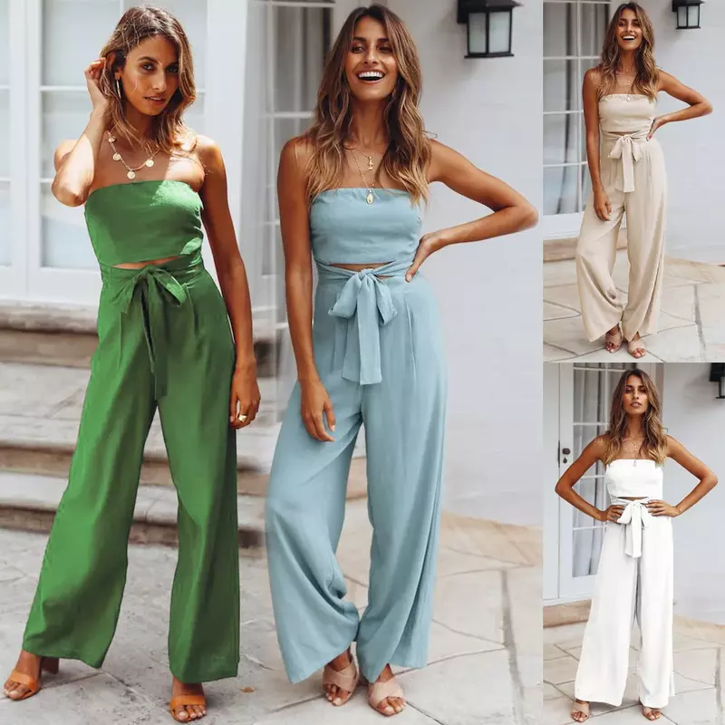 2024 Summer Lday Sexy Backless Slim Fit Jumpsuit Straight Leg Pants Set Women New Casual Fashion Two Pieces Suit Full Set