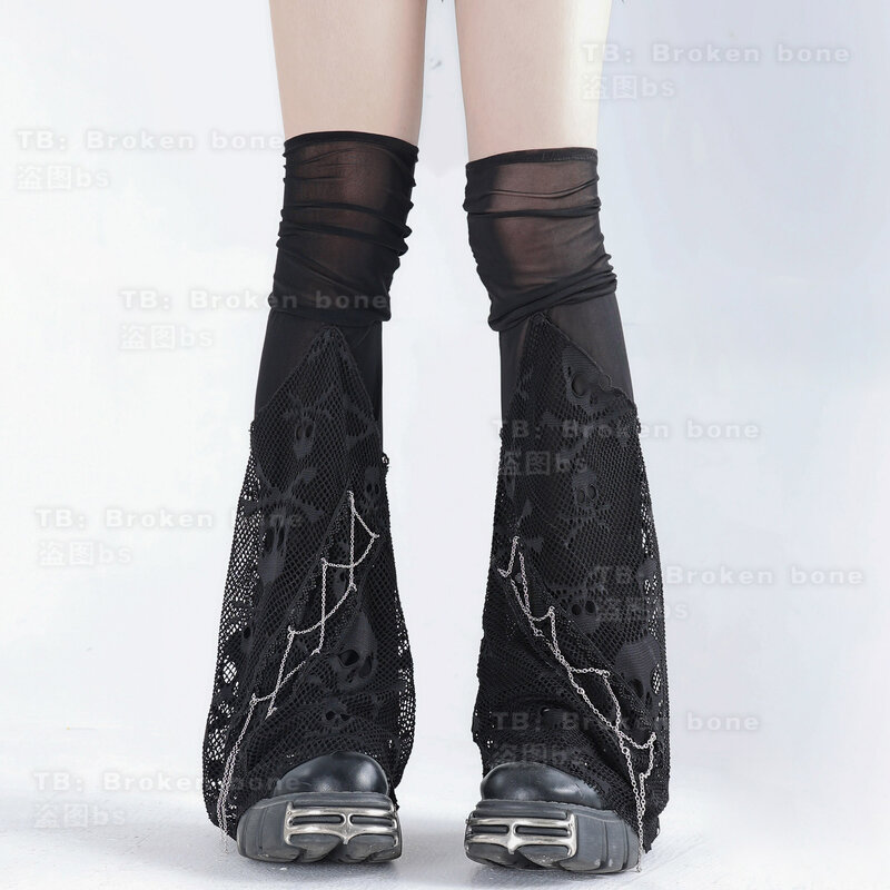 Subculture-Calcetines por encima de la rodilla de encaje de calavera japonesa Harajuku, subcultivo estilo Punk, malla Skul, pierna delgada gótica, negro