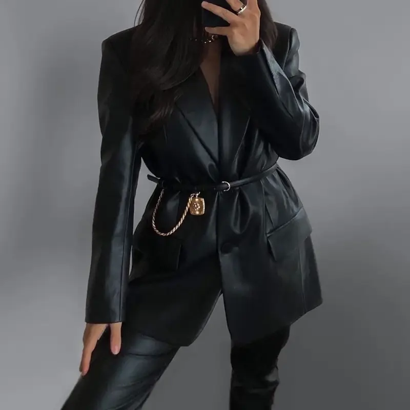 Frauen Frühling schwarz Kunstleder Jacke Langarm Revers einreihig Leder neue Winter weibliche Mode High Street langen Mantel