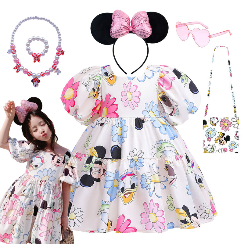Summer Disney Cartoon Minnie Pattern Girl Dress Short Sleeve Backless Dress Mickey Donald Duck Printed Birthday Party Clothes