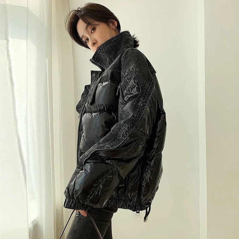 새로운 한국 두꺼운 블랙 데님 패치 워크 화이트 덕 다운 겉옷 여성용, 느슨한 스탠드 칼라 짧은 재킷, 2023 겨울