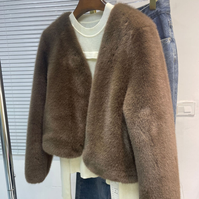 2023 Autumn Winter New Women Imitation Mink Fur Coat Loose and Warm Short Outcoat Fashion Solid Color V-neck Casual Outwear