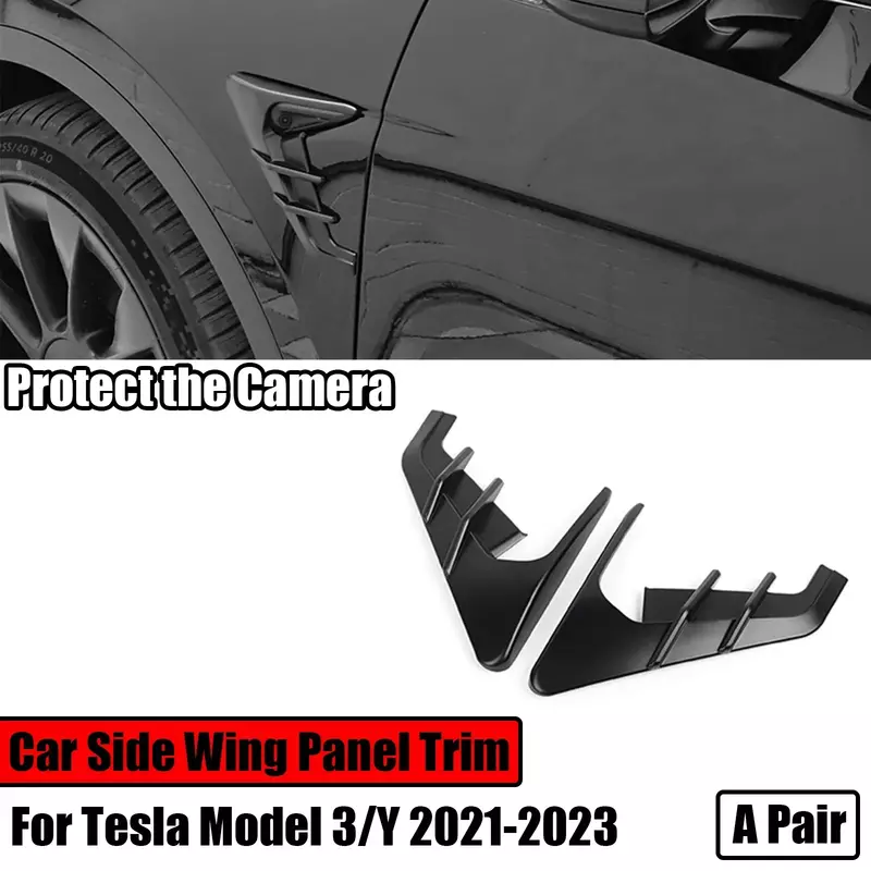 Tampa do painel lateral do carro, guarnição spoiler, capa contra poeira, flancos da câmera decoração, modificação para Tesla Model 3 Y 2021-2023, 1 par