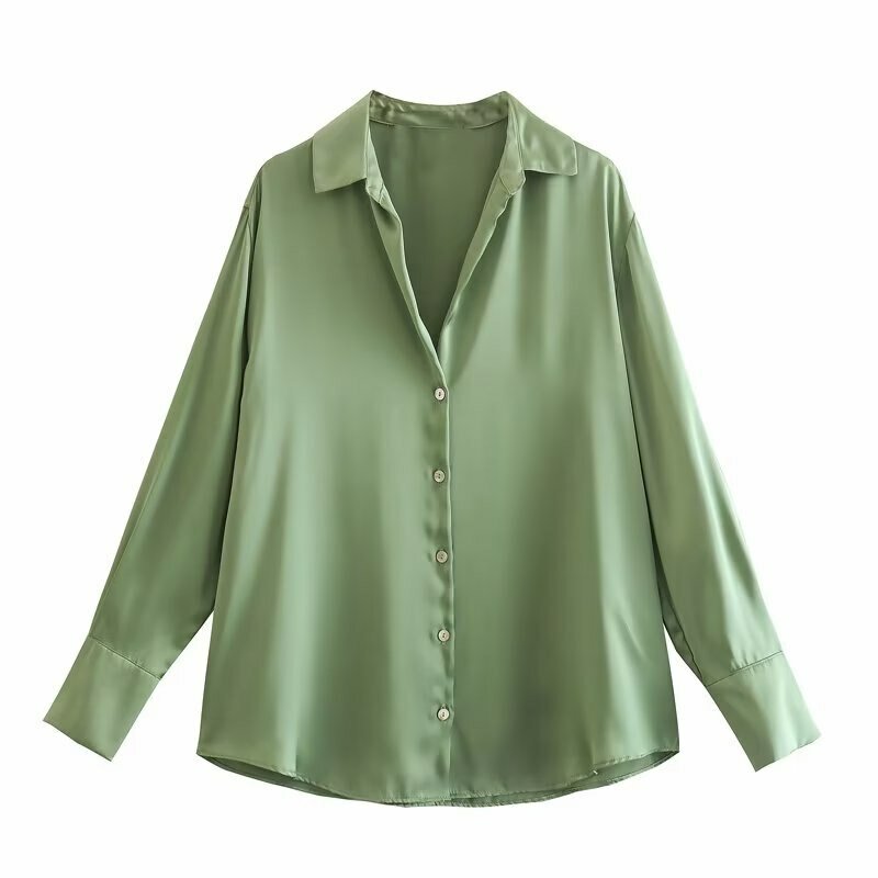 Women Satin Blouses Button Down Tops Long Sleeve Casual Office Work Shirt V-Neck Loose T-Shirt Female Vintage Y2K Clothing